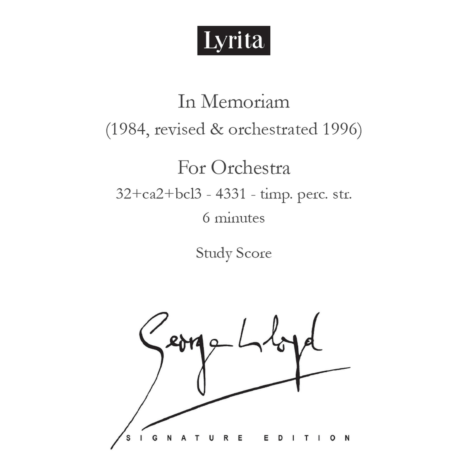 Picture of George Lloyd - George Lloyd: In Memoriam (1996) Study Score for orchestra