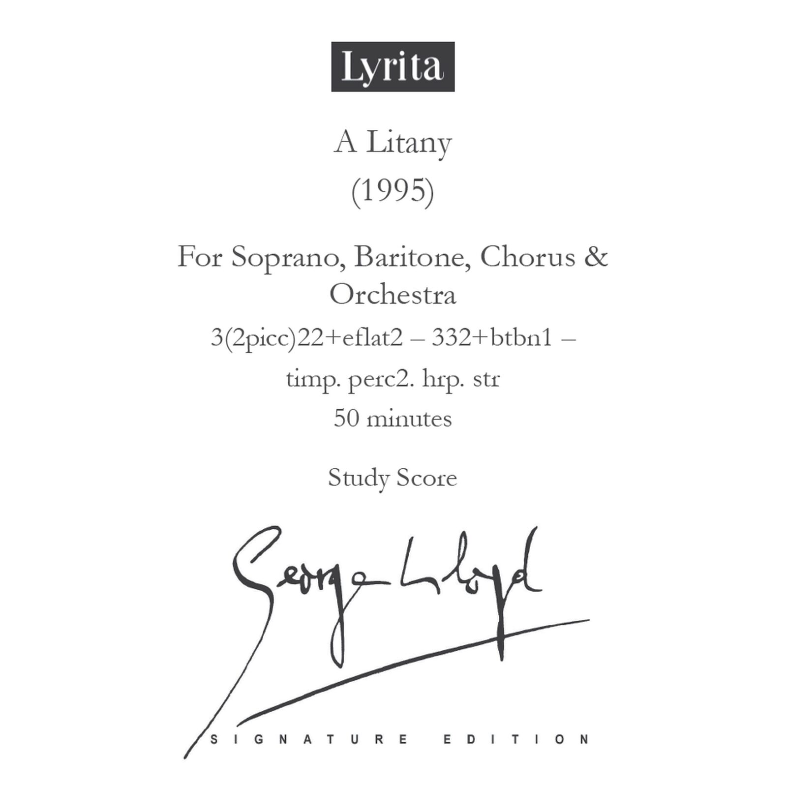Picture of George Lloyd - George Lloyd: A Litany (1995) - Study Score (for soprano, baritone, chorus & orchestra)